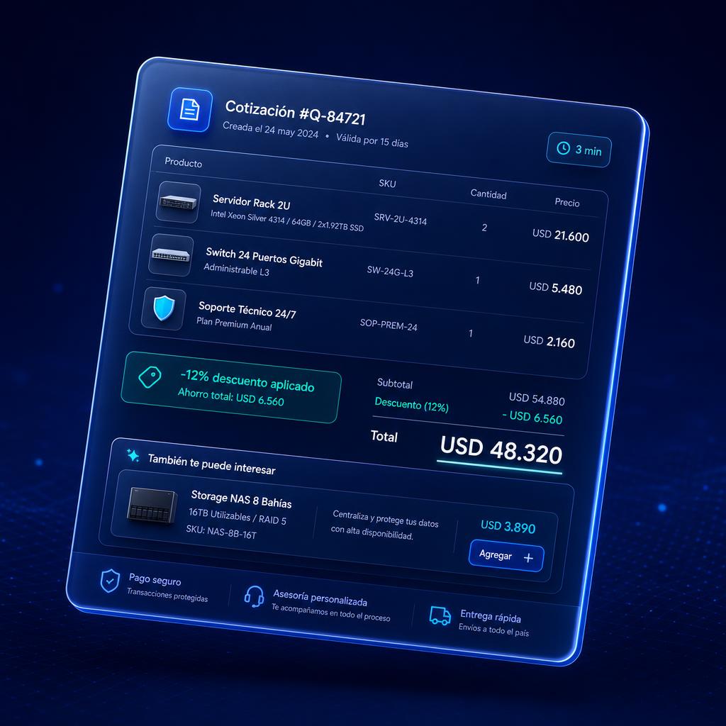 Mockup de una cotización generada en 3 minutos con descuento aplicado y sugerencia de cross-sell