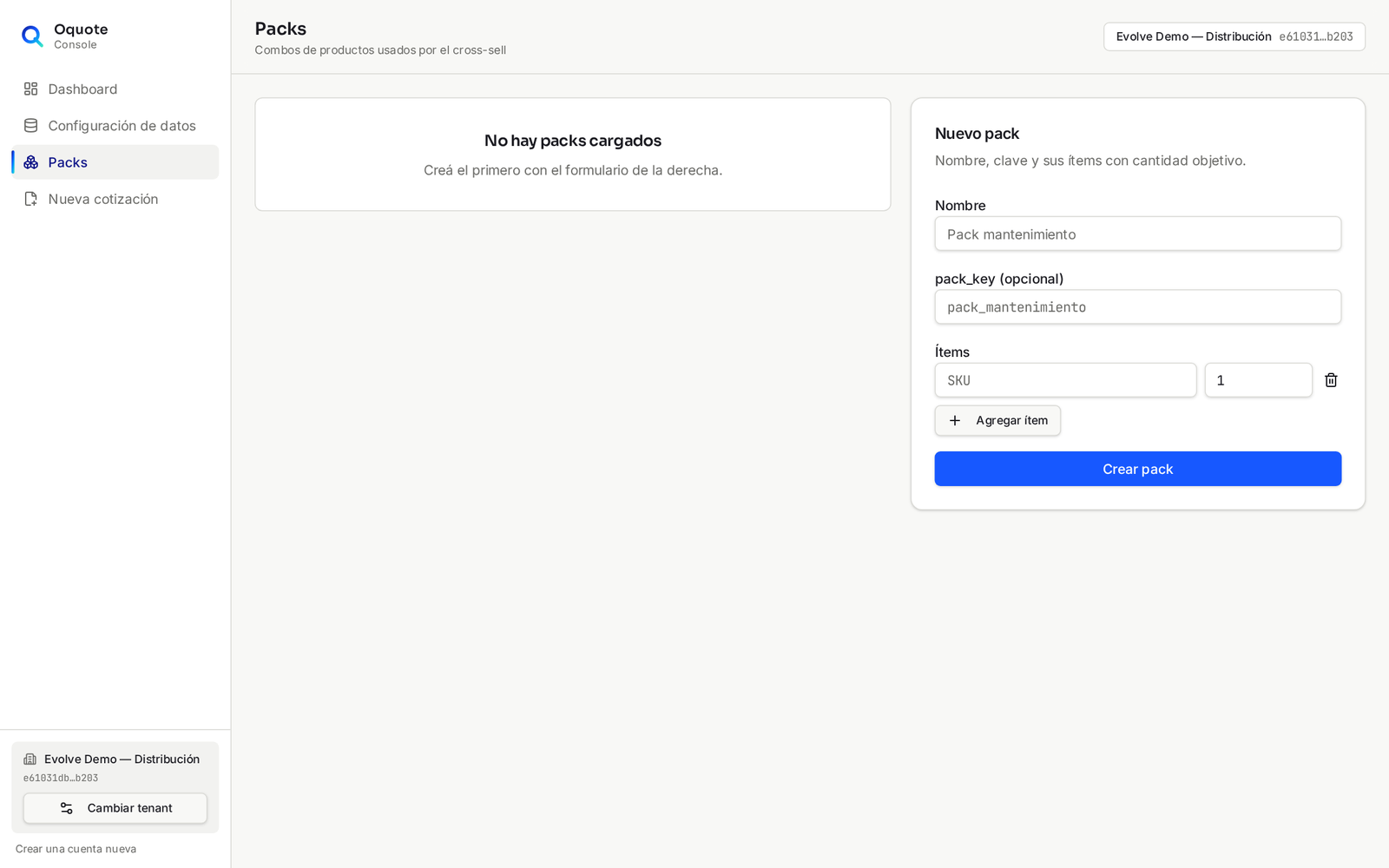 Consola de Oquote — administración de packs de producto