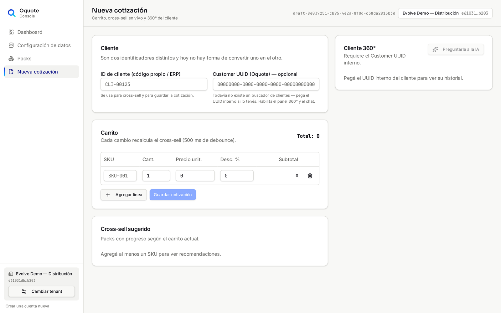 Consola de Oquote — nueva cotización con carrito y cross-sell