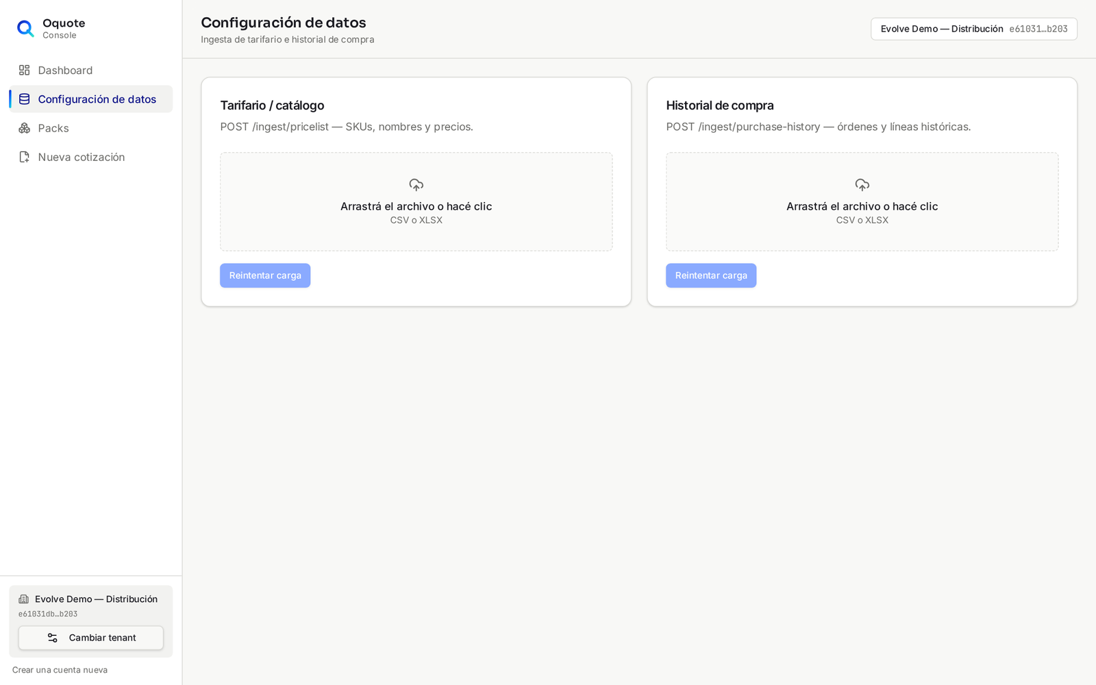 Consola de Oquote — configuración de datos, tarifario e historial